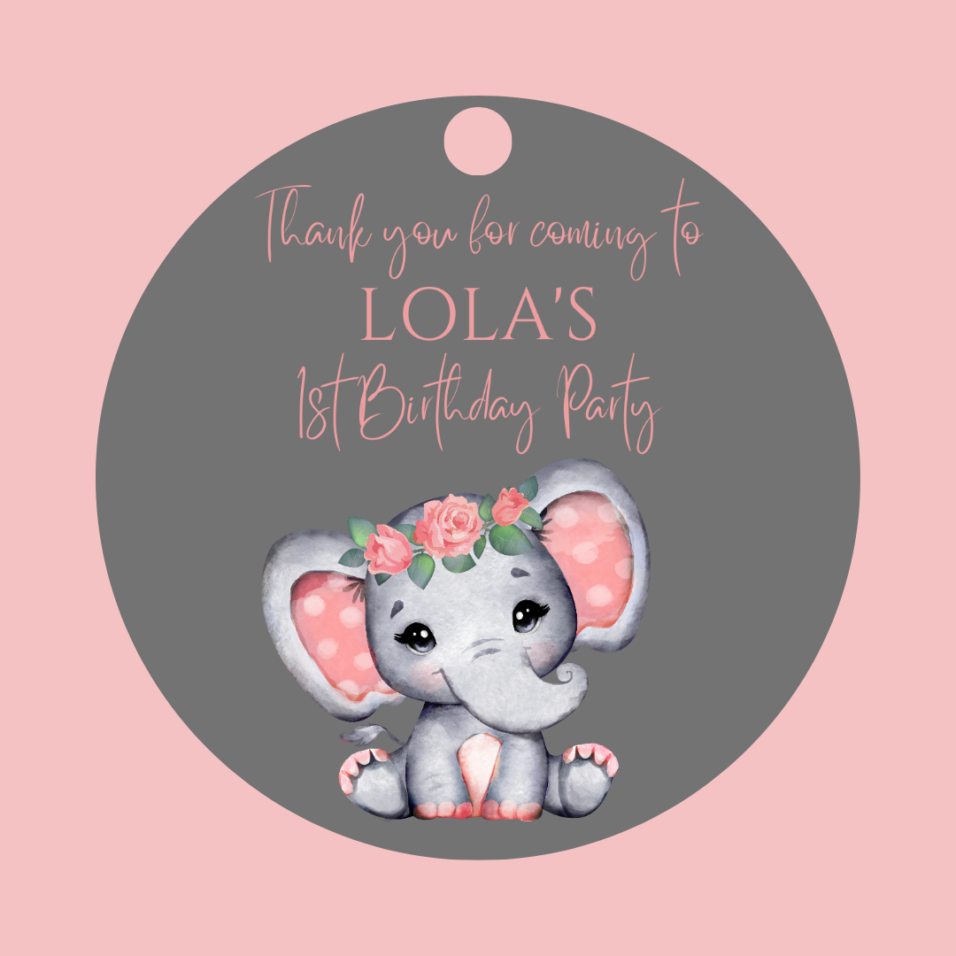 Coral Pink Elephant Gift Tags | Baby Shower, Birthday Gift Tags | Circle Gift Tags
