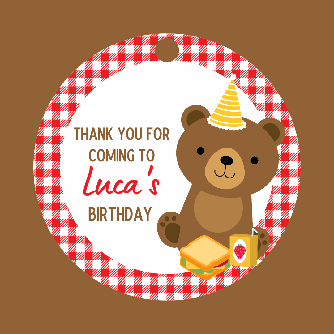 Red Teddy Bear Picnic Gift Tags | Teddy Bear Birthday Gift Tags | Circle Gift Tags