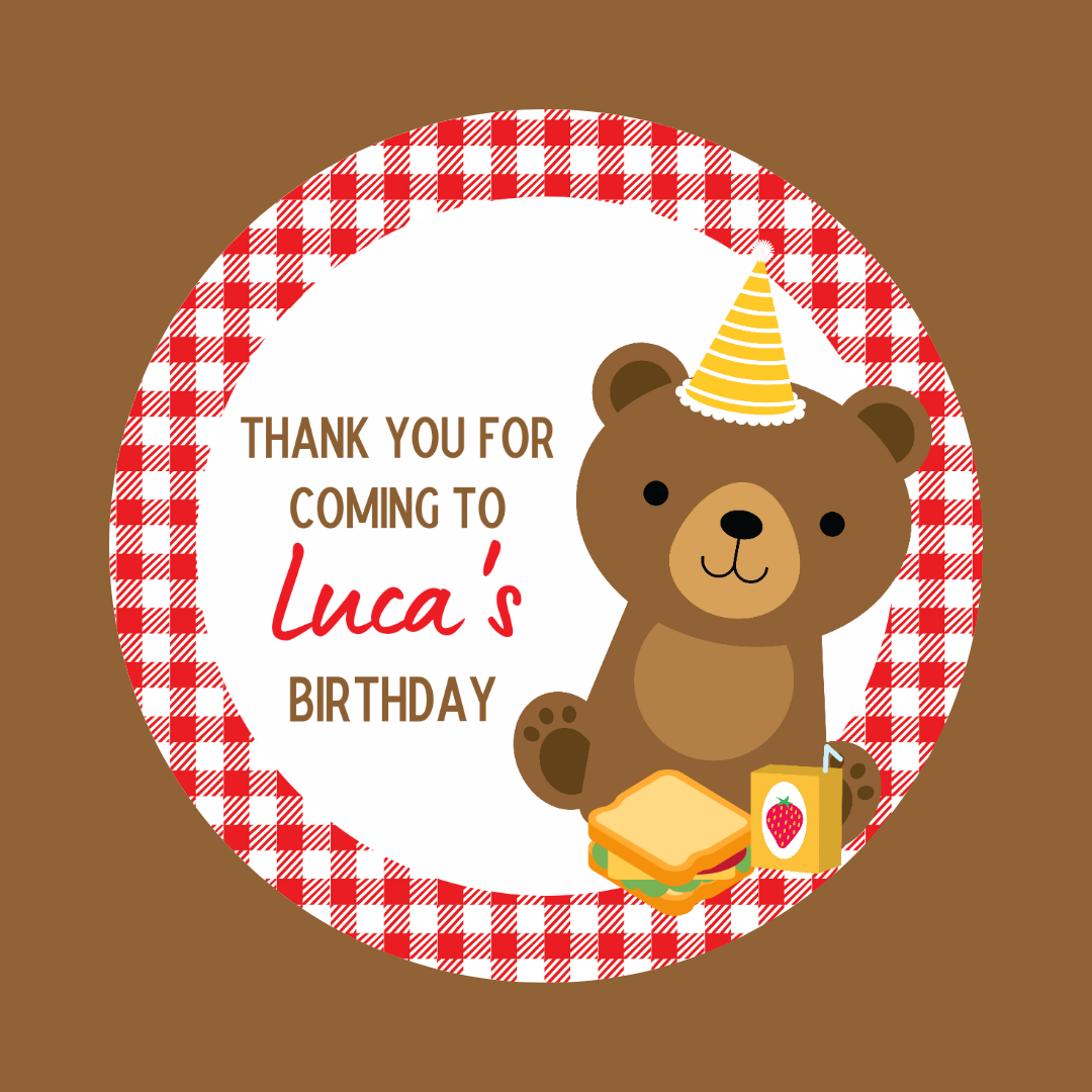 Red Teddy Bear Picnic Gift Tags | Teddy Bear Birthday Gift Tags | Circle Gift Tags