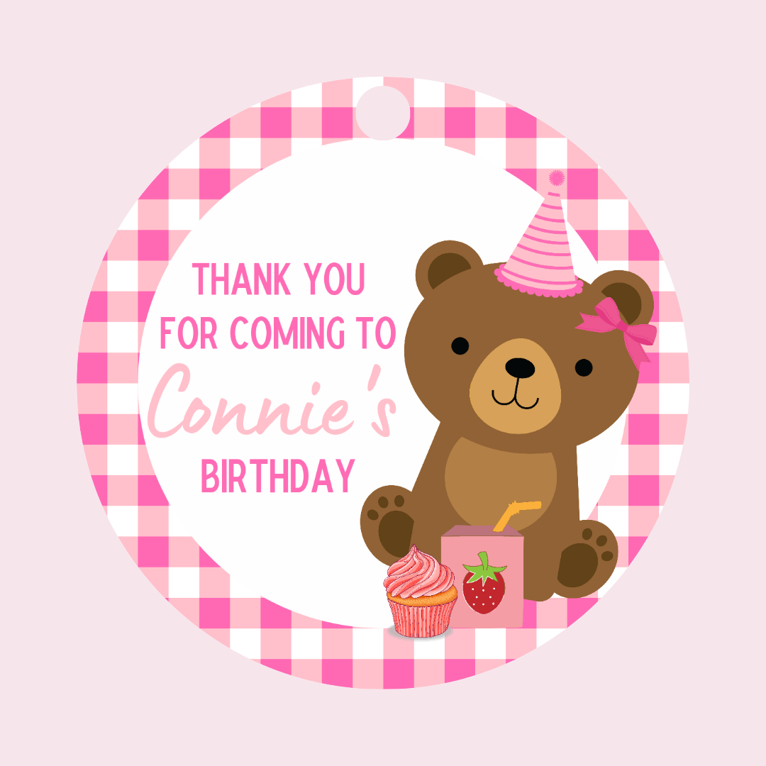 Pink Teddy Bear Picnic Gift Tags | Teddy Bear Birthday Gift Tags | Circle Gift Tags