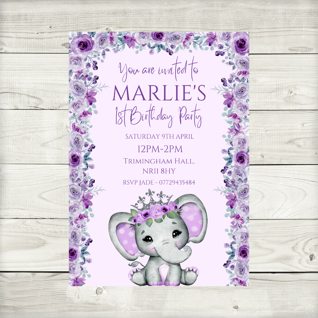 Purple Elephant Crown Baby Shower, Birthday Invitations | A6 Invites | Purple Elephant Crown Theme Invitations | Party Invitations