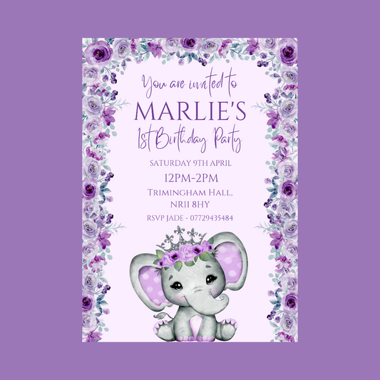Purple Elephant Crown Baby Shower, Birthday Invitations | A6 Invites | Purple Elephant Crown Theme Invitations | Party Invitations