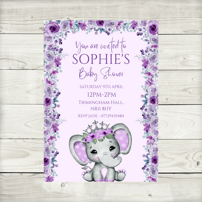 Purple Elephant Crown Baby Shower, Birthday Invitations | A6 Invites | Purple Elephant Crown Theme Invitations | Party Invitations