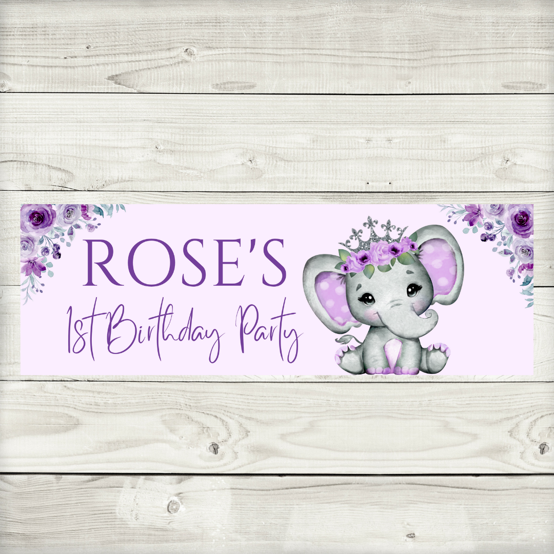 Purple Elephant Crown Banner | Personalised Party Banner | Purple Elephant Crown Party Theme