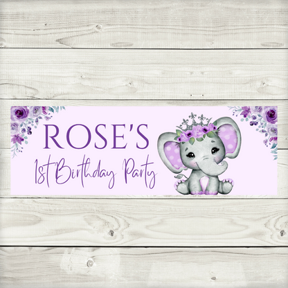 Purple Elephant Crown Banner | Personalised Party Banner | Purple Elephant Crown Party Theme