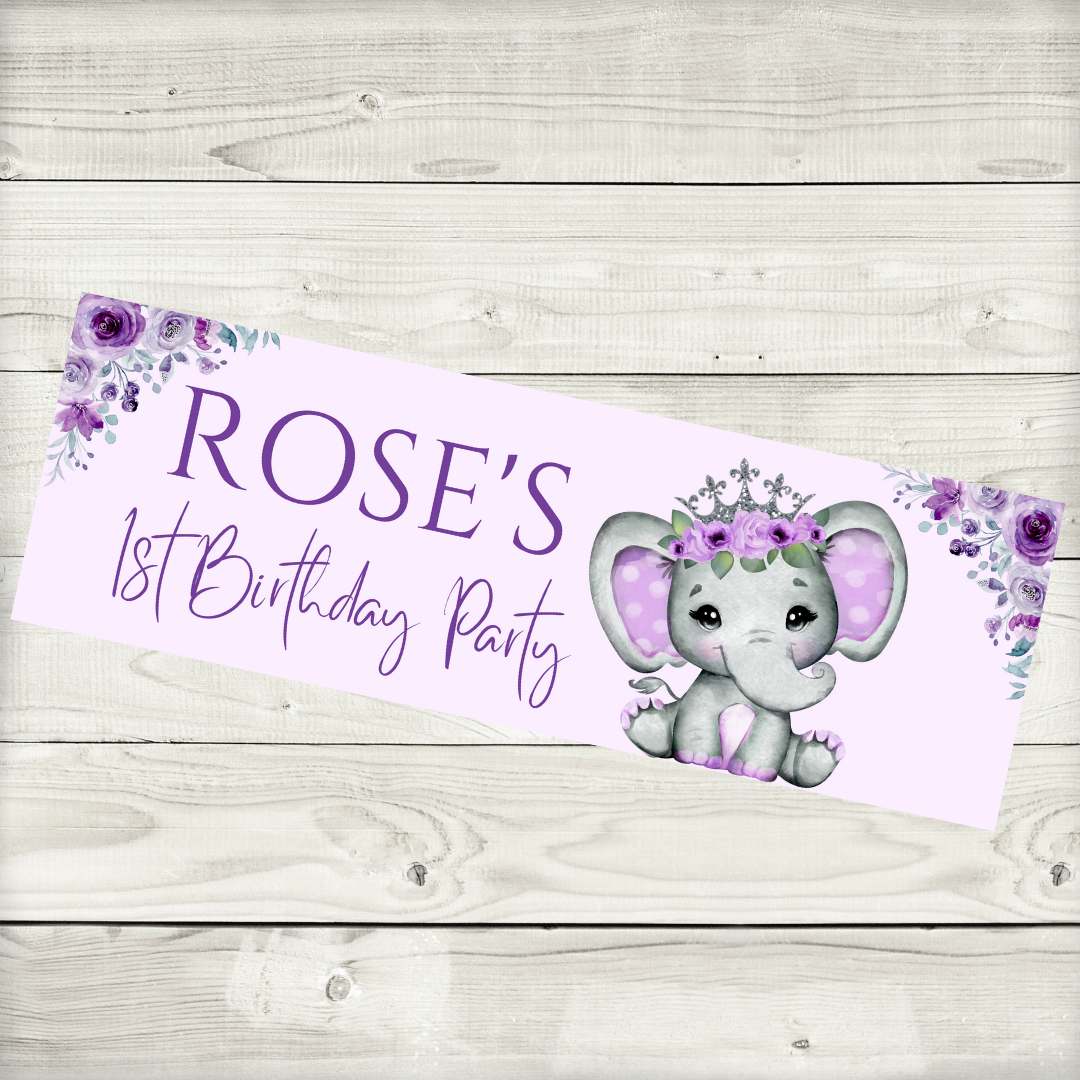 Purple Elephant Crown Banner | Personalised Party Banner | Purple Elephant Crown Party Theme