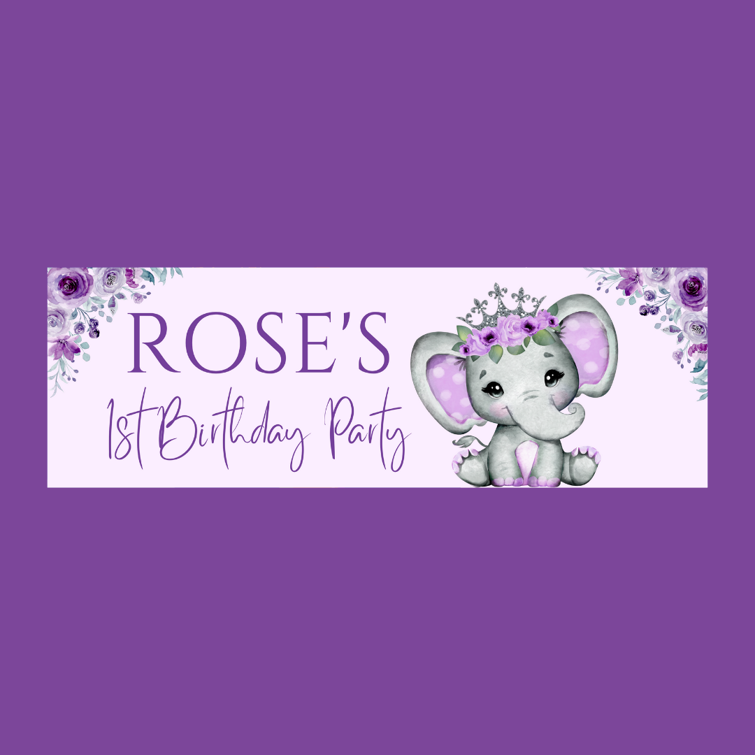 Purple Elephant Crown Banner | Personalised Party Banner | Purple Elephant Crown Party Theme