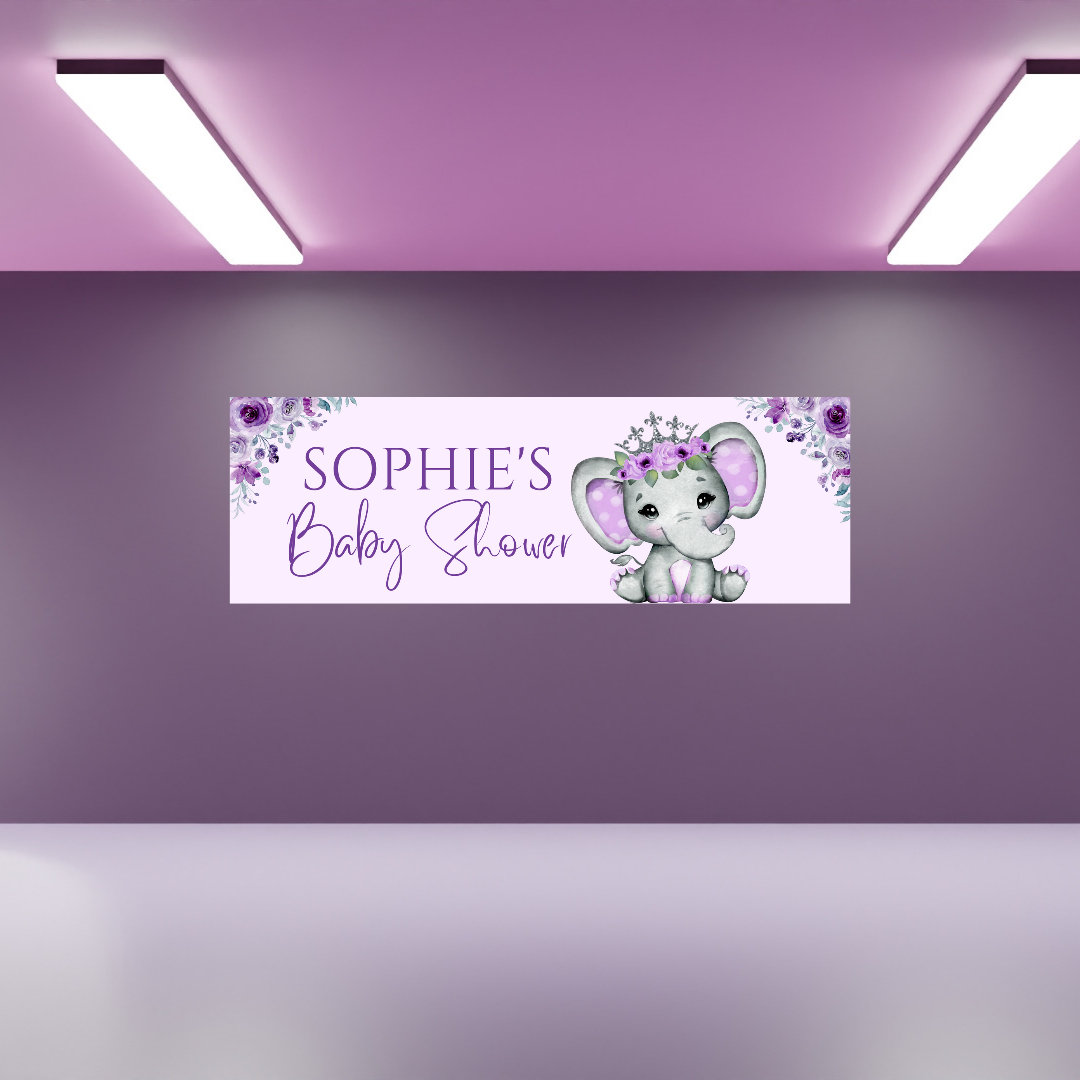 Purple Elephant Crown Banner | Personalised Party Banner | Purple Elephant Crown Party Theme