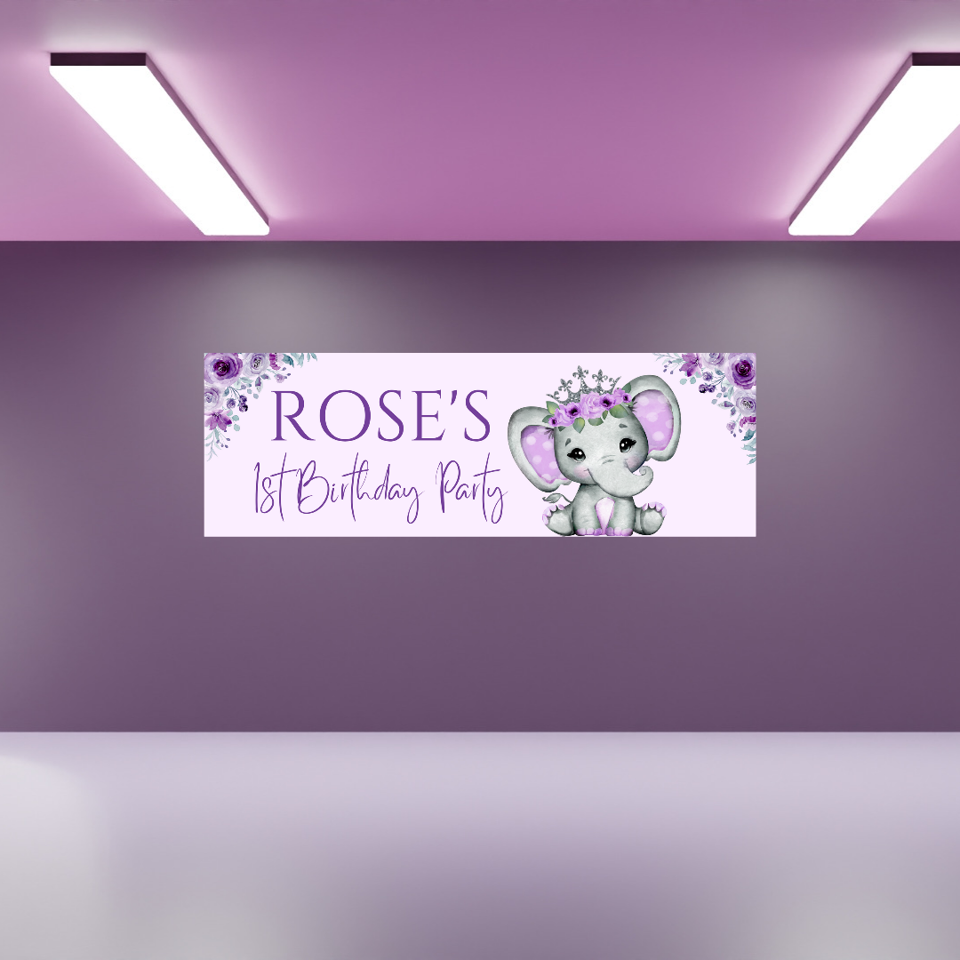 Purple Elephant Crown Banner | Personalised Party Banner | Purple Elephant Crown Party Theme