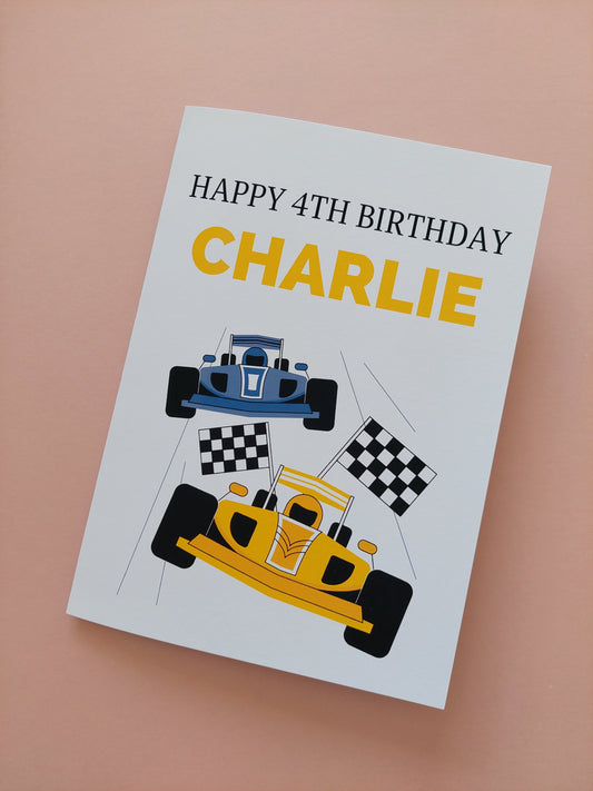 A5 Happy 4th Birthday Charlie Card | Personalised Racing Car Birthday Card | SALE ITEM