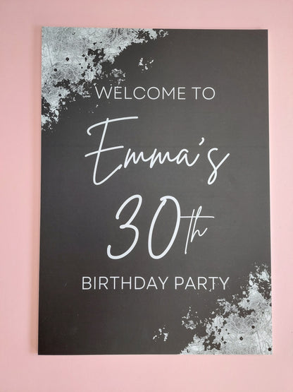 Emma's 30th Birthday | A3 Black & Silver Welcome Board Sign | Personalised Birthday Board | SALE ITEM
