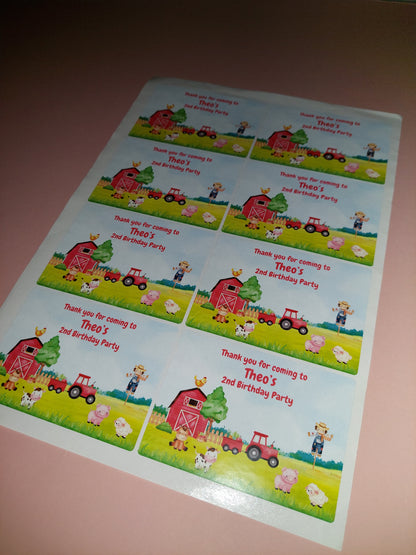 8 x Farm Party Stickers | Thank You For Coming To Theo's 2nd Birthday Party | SALE ITEM