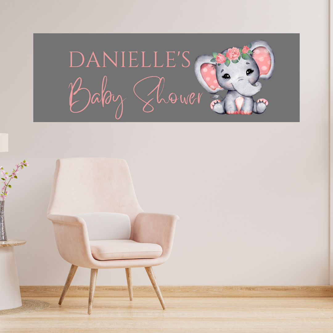 Coral Pink Elephant Banner | Personalised Baby Shower Party, Birthday Banner | Baby Shower, Birthday Party Theme