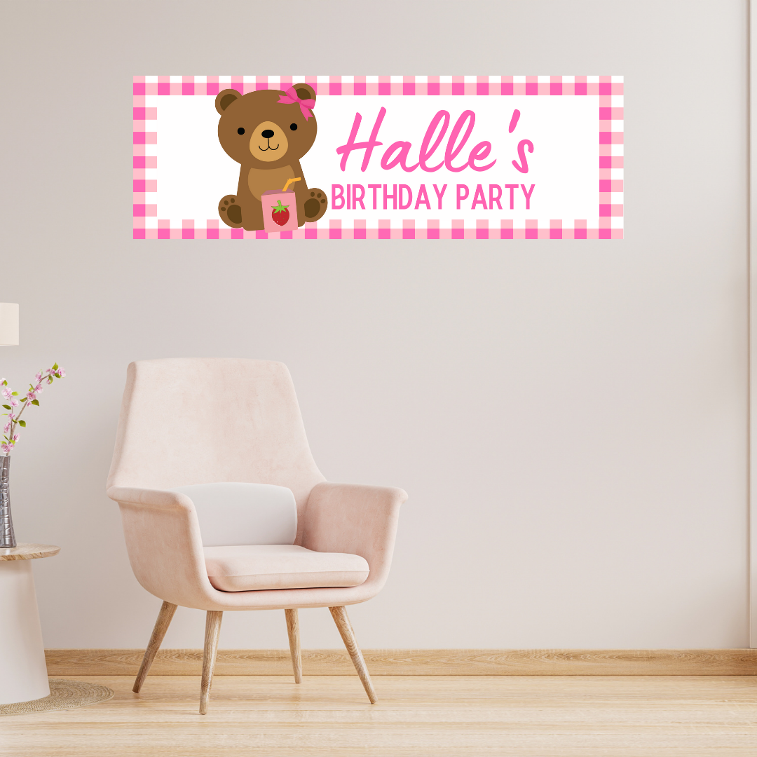Pink Teddy Bear Picnic Banner | Personalised Party Banner | Pink Teddy Bear Picnic Party Theme