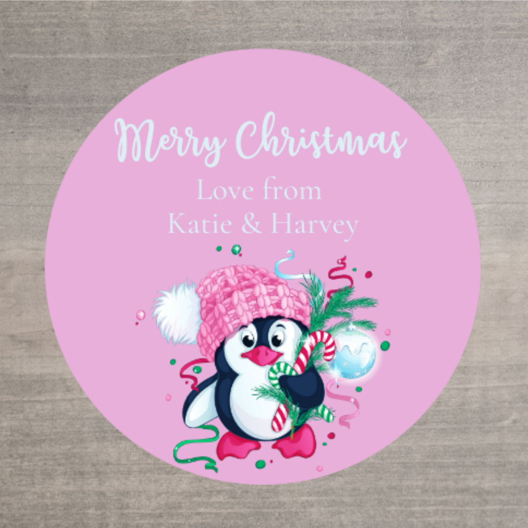 Personalised Christmas Pink Penguin Stickers | Christmas Labels | Sticker Sheet | Christmas Gift Tags