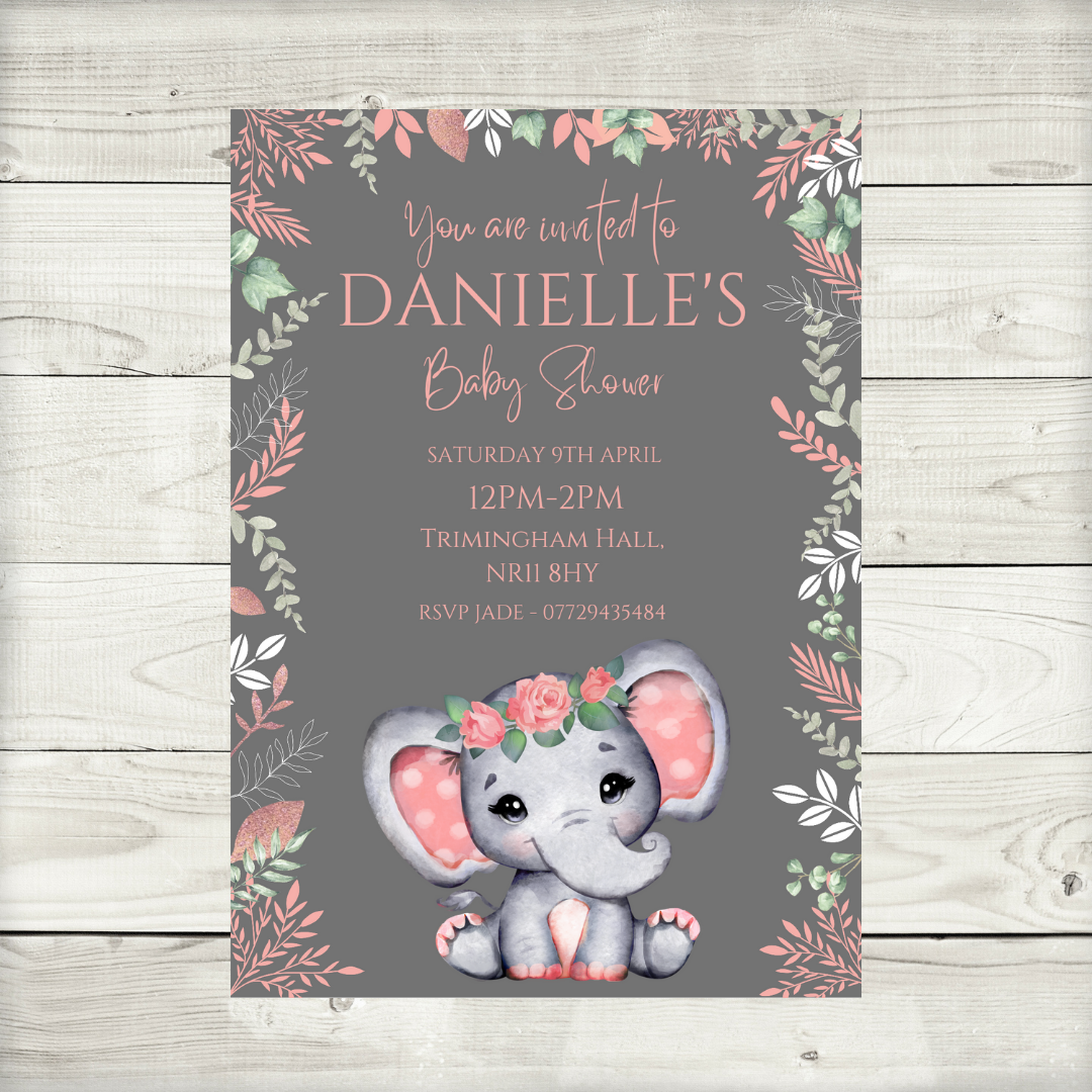 Coral Pink Elephant Baby Shower, Birthday Invitations | A6 Invites | Coral Pink Elephant Theme Invitations | Party Invitations