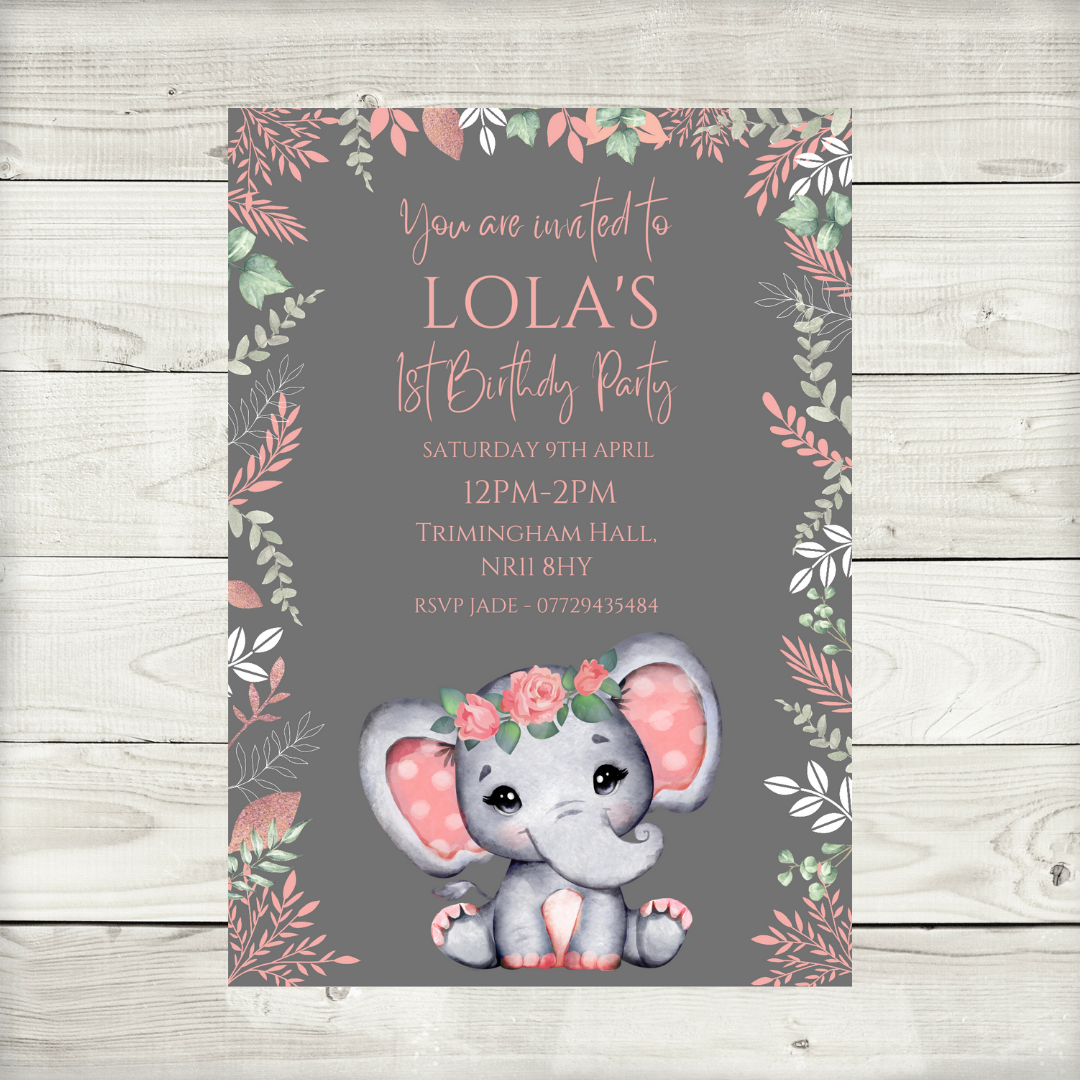 Coral Pink Elephant Baby Shower, Birthday Invitations | A6 Invites | Coral Pink Elephant Theme Invitations | Party Invitations