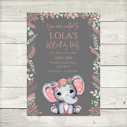 Coral Pink Elephant Baby Shower, Birthday Invitations | A6 Invites | Coral Pink Elephant Theme Invitations | Party Invitations