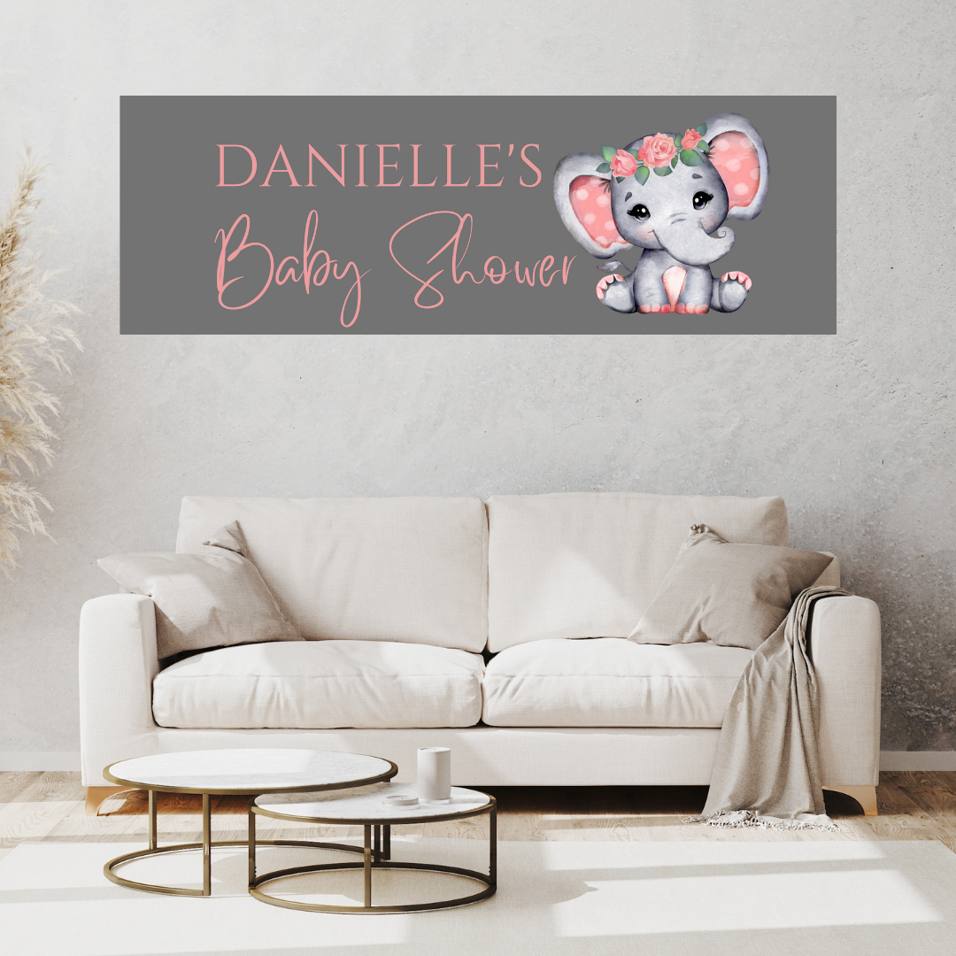 Coral Pink Elephant Banner | Personalised Baby Shower Party, Birthday Banner | Baby Shower, Birthday Party Theme