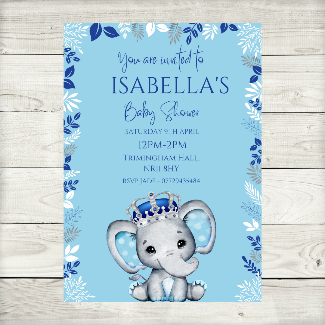 Blue Elephant Crown Baby Shower, Birthday Invitations | A6 Invites | Blue Elephant Crown Theme Invitations | Party Invitations