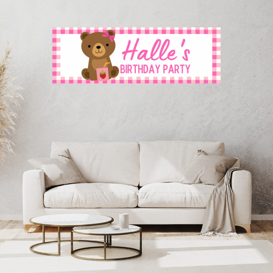 Pink Teddy Bear Picnic Banner | Personalised Party Banner | Pink Teddy Bear Picnic Party Theme