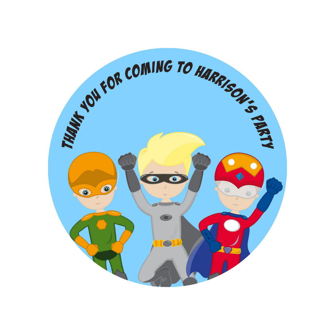 Superhero Personalised Birthday Stickers | Various Sizes | Superhero Party Supplies