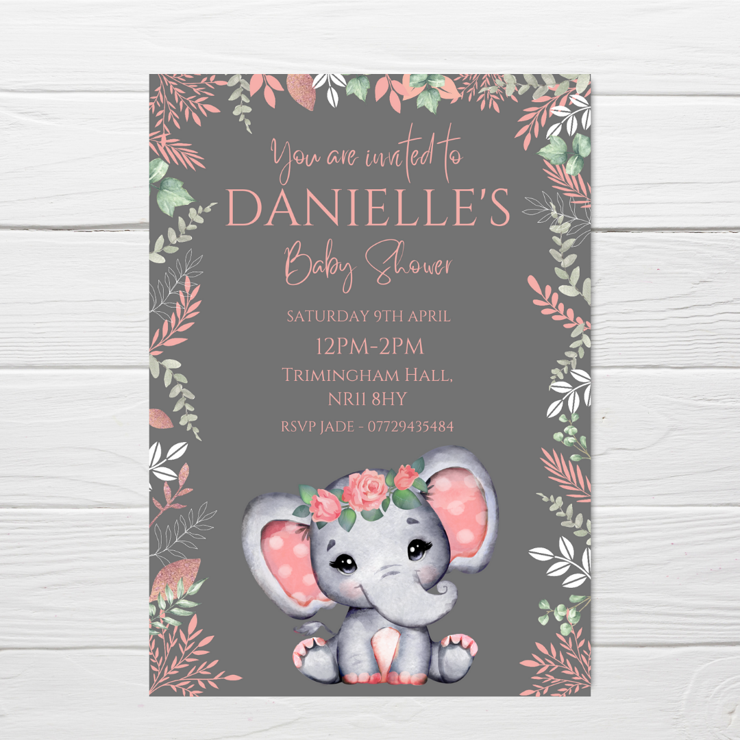 Coral Pink Elephant Baby Shower, Birthday Invitations | A6 Invites | Coral Pink Elephant Theme Invitations | Party Invitations