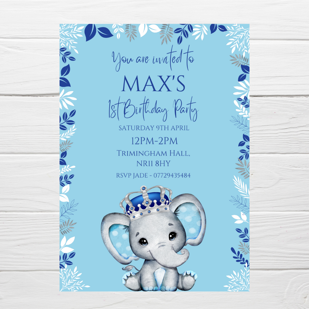 Blue Elephant Crown Baby Shower, Birthday Invitations | A6 Invites | Blue Elephant Crown Theme Invitations | Party Invitations