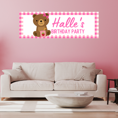 Pink Teddy Bear Picnic Banner | Personalised Party Banner | Pink Teddy Bear Picnic Party Theme