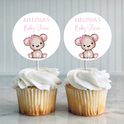 Pink Or White Teddy Bear Cupcake Toppers | Baby Shower, Birthday Cupcake Toppers | Party Decorations