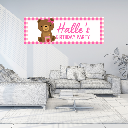 Pink Teddy Bear Picnic Banner | Personalised Party Banner | Pink Teddy Bear Picnic Party Theme