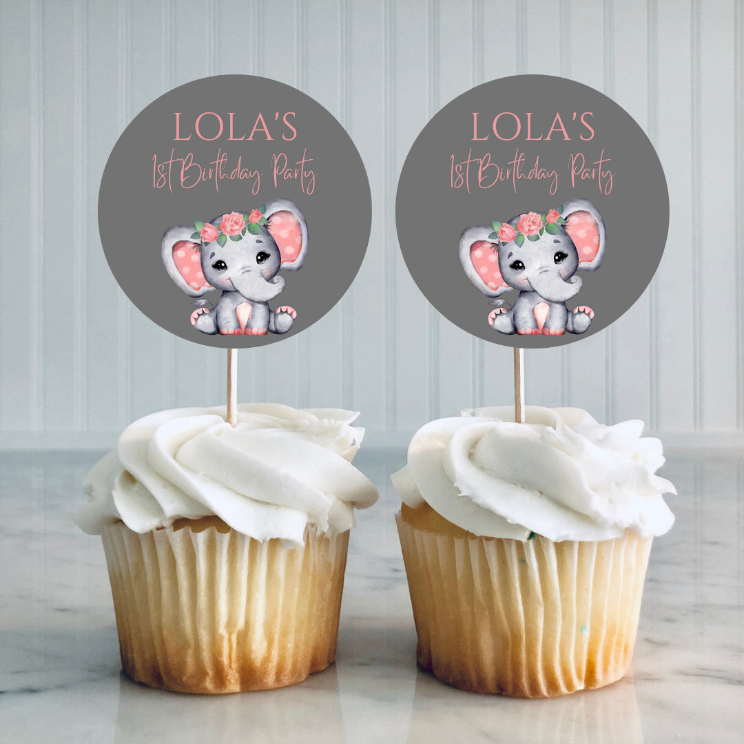 Coral Pink Elephant Cupcake Toppers | Baby Shower, Birthday Cupcake Toppers | Party Decorations