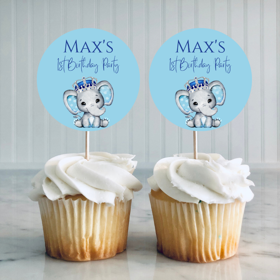 Blue Elephant Crown Cupcake Toppers | Baby Shower, Birthday Cupcake Toppers | Party Decorations
