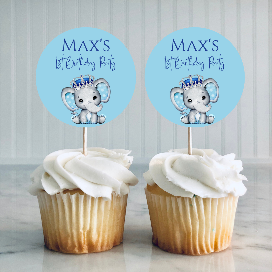 Blue Elephant Crown Cupcake Toppers Baby Shower Birthday