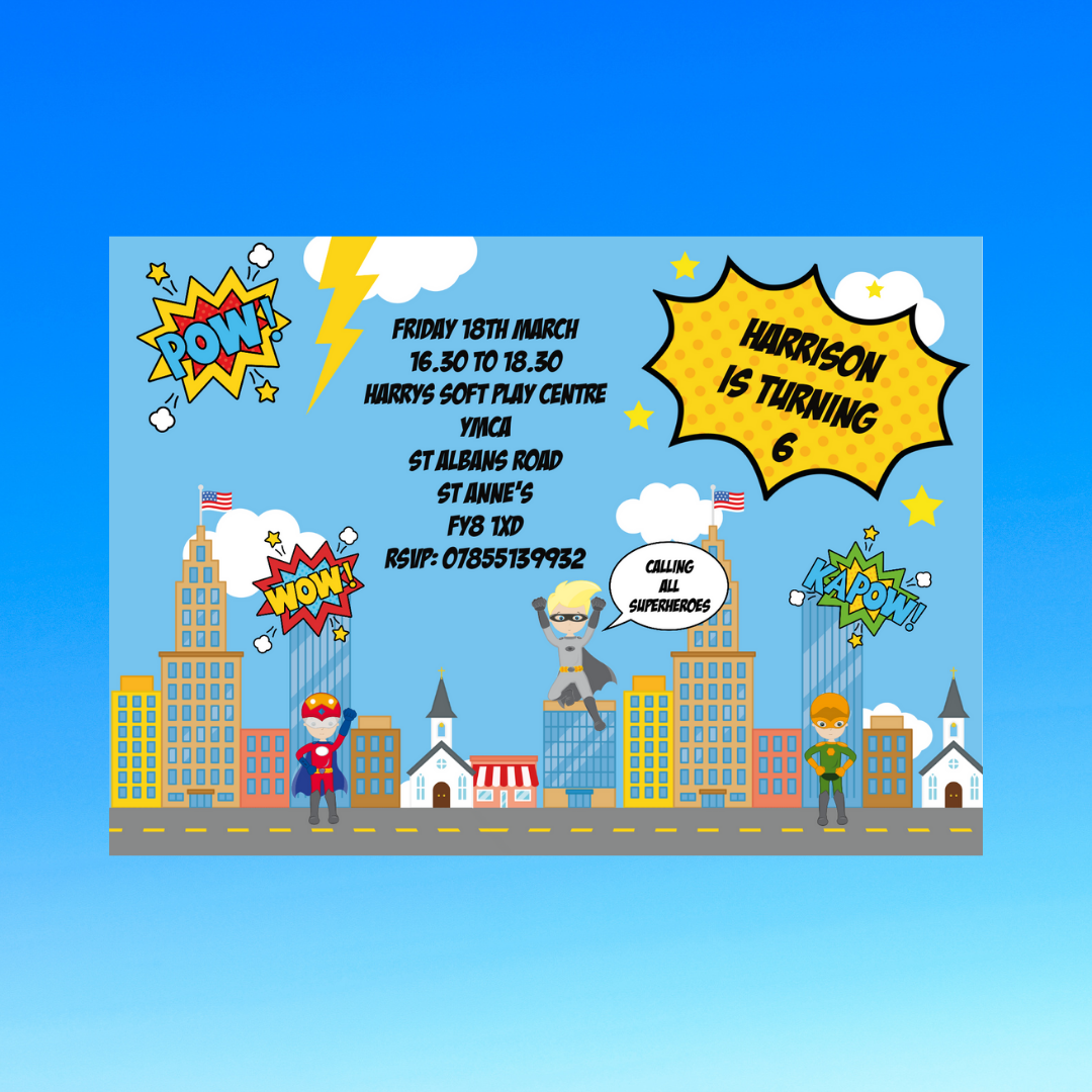Superhero Invitations | A6 Invites | Party Invitations | Superhero Party