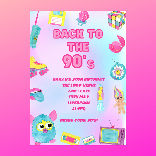 90's Theme Birthday, Hen Party Invitations | A6 Invites | 90's Theme Invitations | Party Invitations