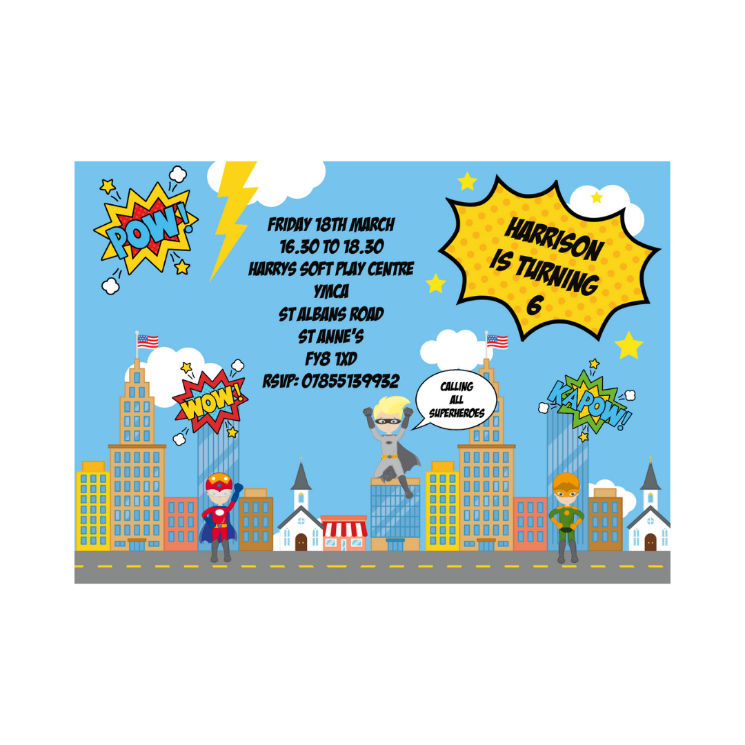 Superhero Invitations | A6 Invites | Party Invitations | Superhero Party