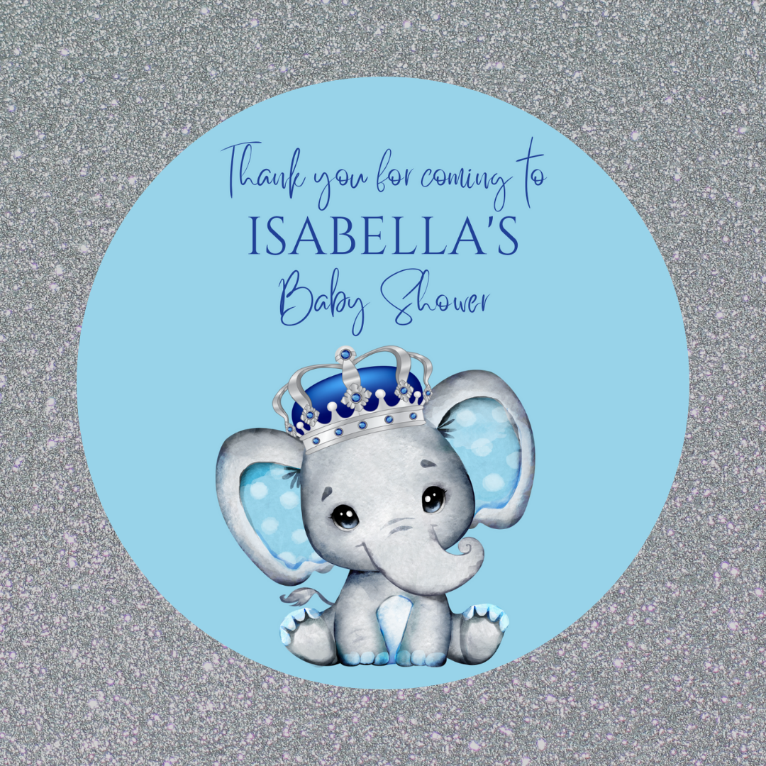 Blue Elephant Crown Baby Shower, 1st Birthday Stickers | Sticker Sheet | Baby Shower, 1st Birthday Party Stickers