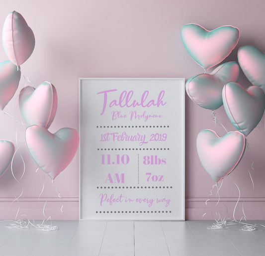 Personalised Baby Print | New Baby Birth Print | New Baby Gift - Dinky Designs