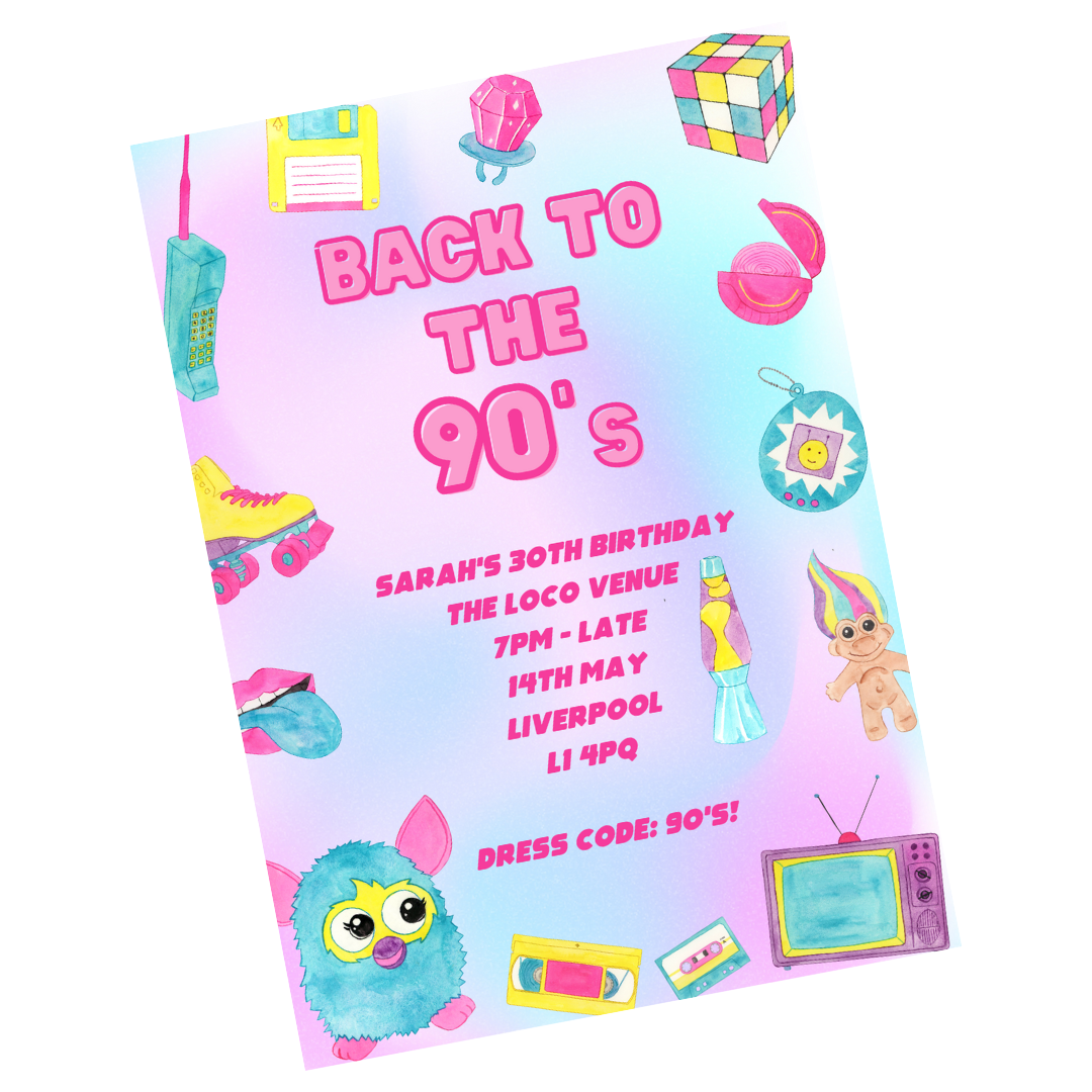 90's Theme Birthday, Hen Party Invitations | A6 Invites | 90's Theme Invitations | Party Invitations