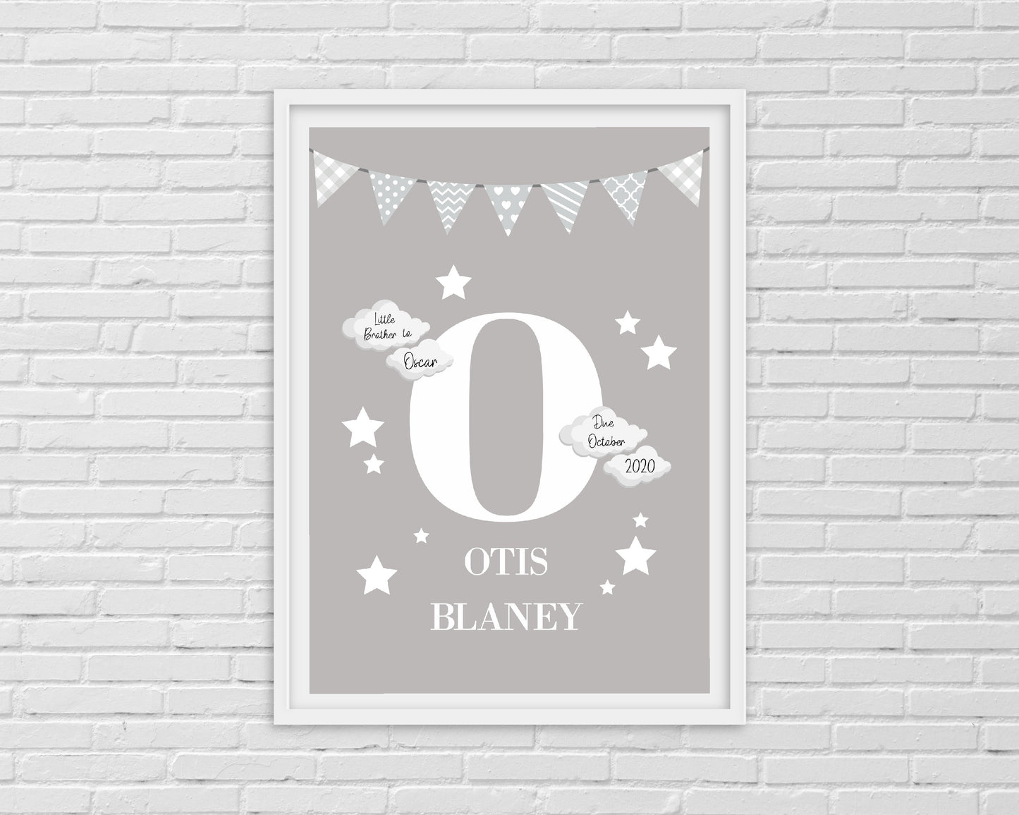 Nursery Print | Personalised Grey Initial/Name Print | Newborn Gift | New Baby Gift