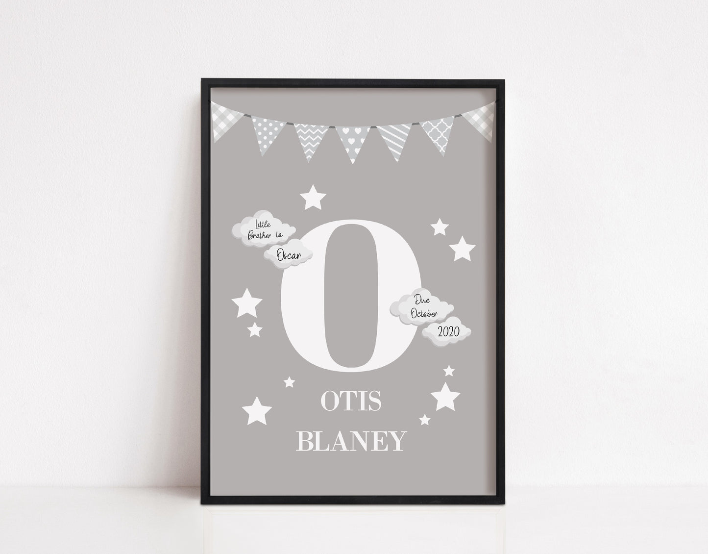 Nursery Print | Personalised Grey Initial/Name Print | Newborn Gift | New Baby Gift
