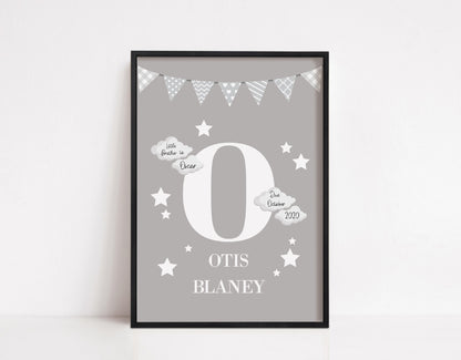 Nursery Print | Personalised Grey Initial/Name Print | Newborn Gift | New Baby Gift