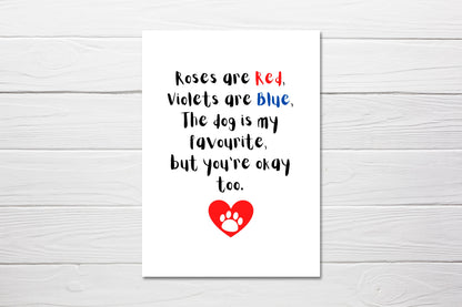 Valentines Card | Roses Are Red, Violets Are Blue, My Dog Is My Favourite, But You're Okay Too | Funny Card | Cute Card | Joke Card