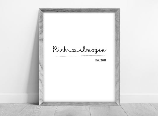 Personalised Simple Name Print | Memorable Date Print | Anniversary Gift | Couples Gift