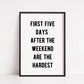 Quote Print | First Five Days After The Weekend Are The Hardest | Funny Print