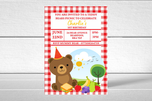 Red Teddy Bear Picnic Invitations | A6 Invites | Teddy Bear Theme Invitations | Party Invitations