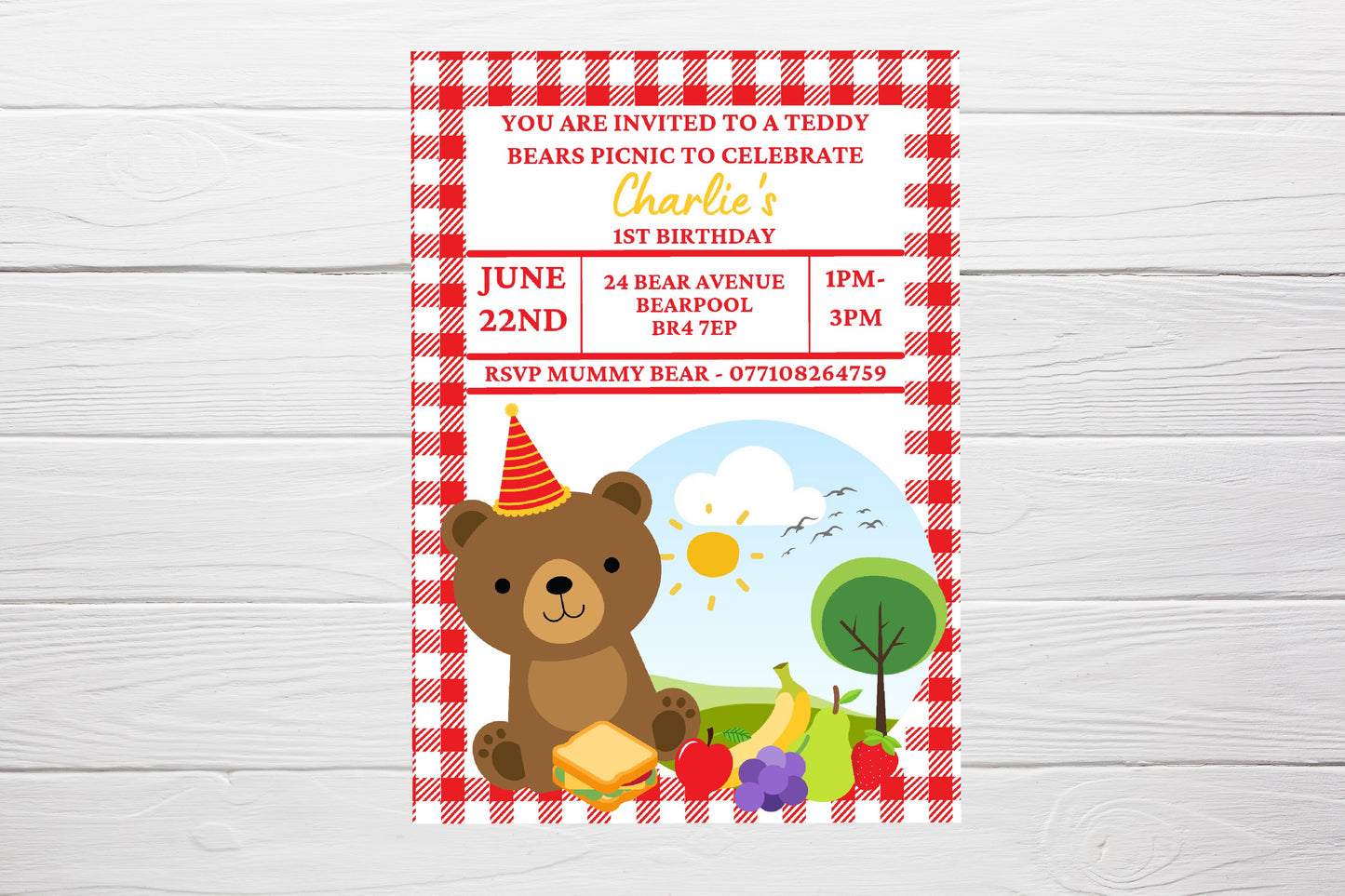 Red Teddy Bear Picnic Invitations | A6 Invites | Teddy Bear Theme Invitations | Party Invitations