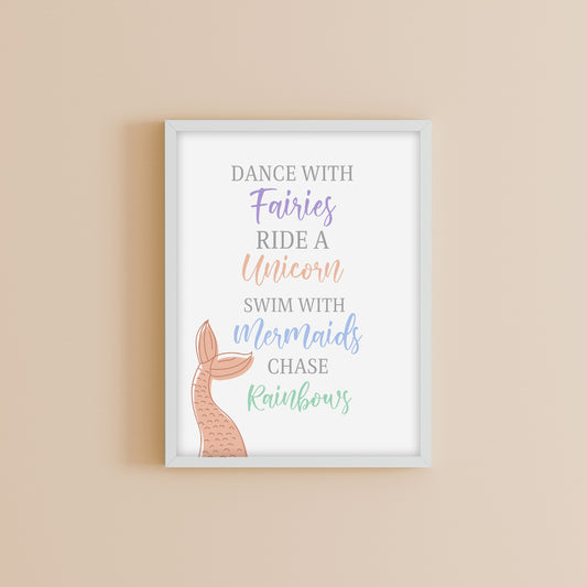 Girly Print | Bedroom Print | Girls Bedroom Print | Mermaid Print | Unicorn Print | Rainbows Print | Fairies Print