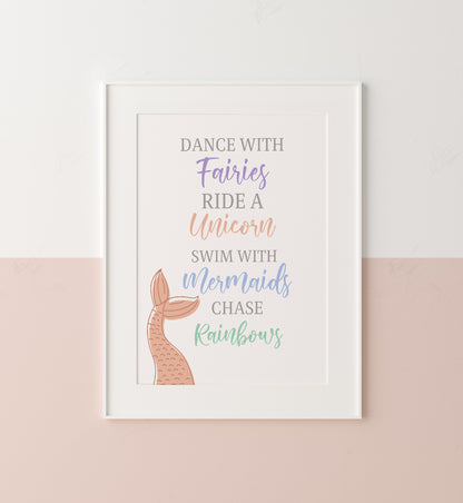 Girly Print | Bedroom Print | Girls Bedroom Print | Mermaid Print | Unicorn Print | Rainbows Print | Fairies Print